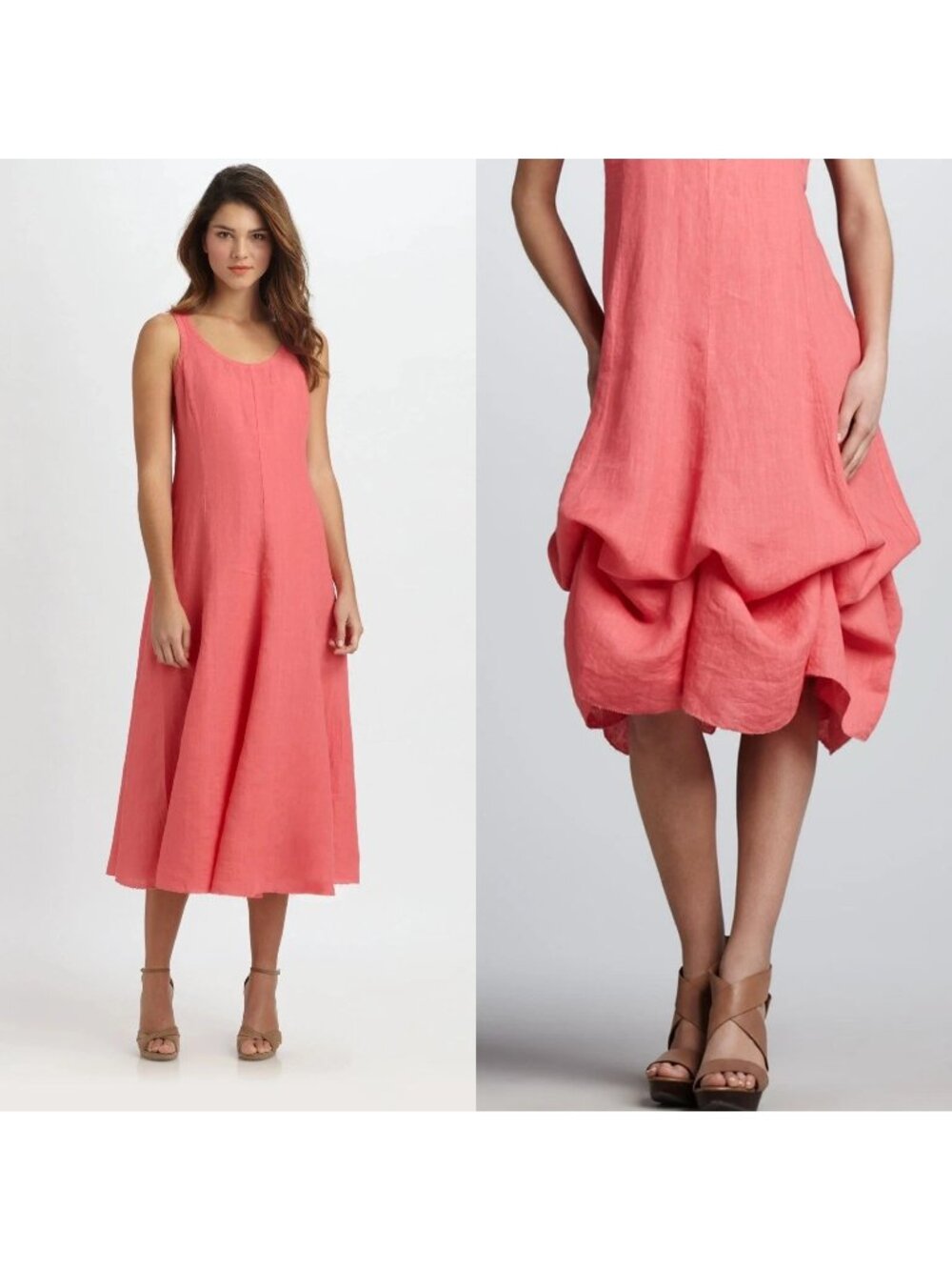EILEEN FISHER Irish Linen Multi Tie Handkerchief Bustle Dress Sz M Coral
